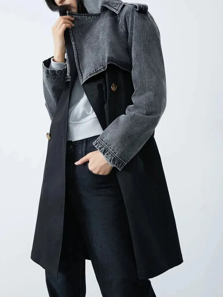 Women's Casual Elegant Denim & Black Trench Coat