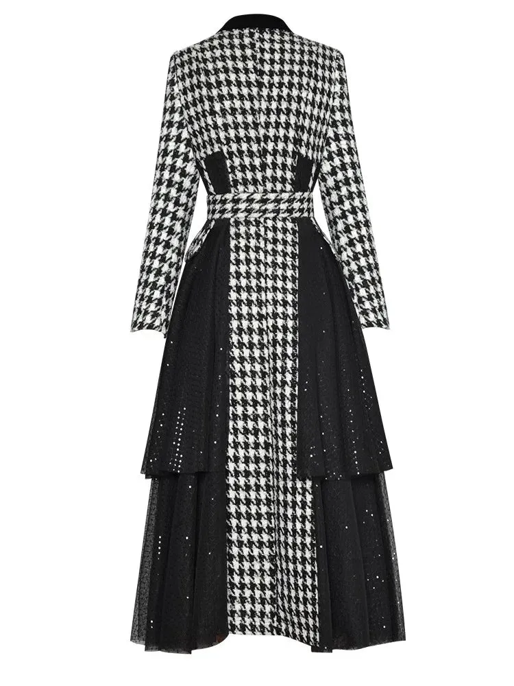 Women's Elegant Houndstooth Long Mesh Coat