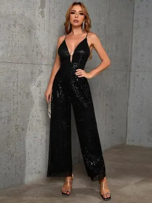 Women’s New Sleeveless Backless Sequin Slim Fit Fashion Suspender Jumpsuit