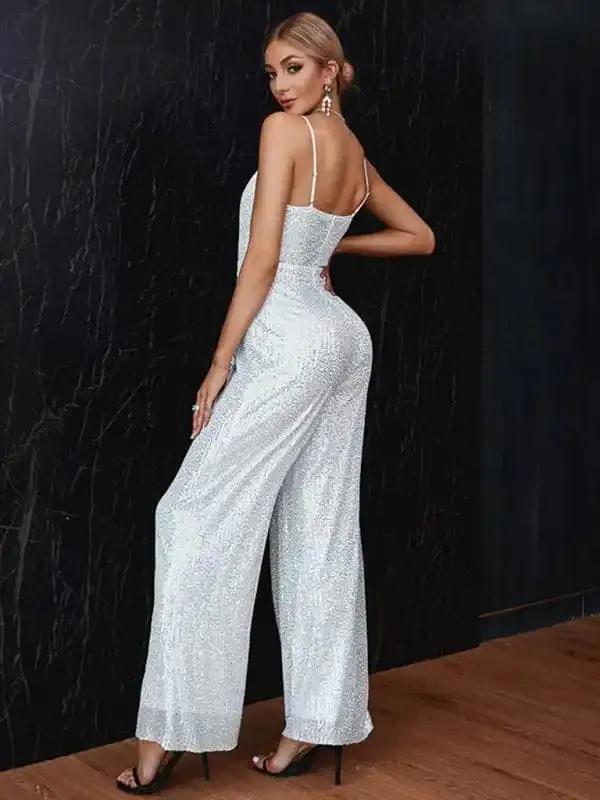 Women’s New Sleeveless Backless Sequin Slim Fit Fashion Suspender Jumpsuit