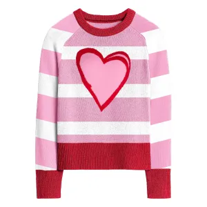 Women's pink striped love crew-neck sweater