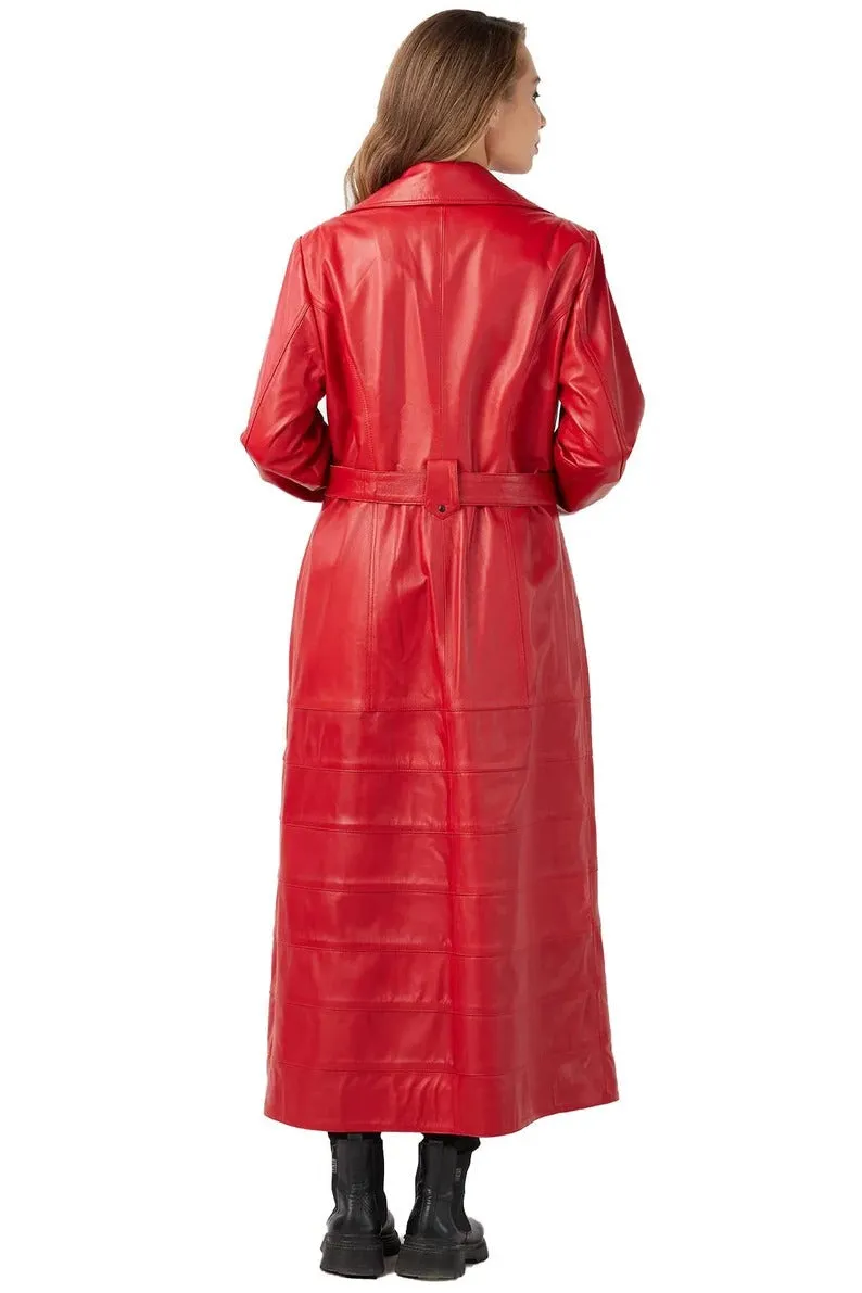 Women's Red Leather Double Breasted Trench Coat