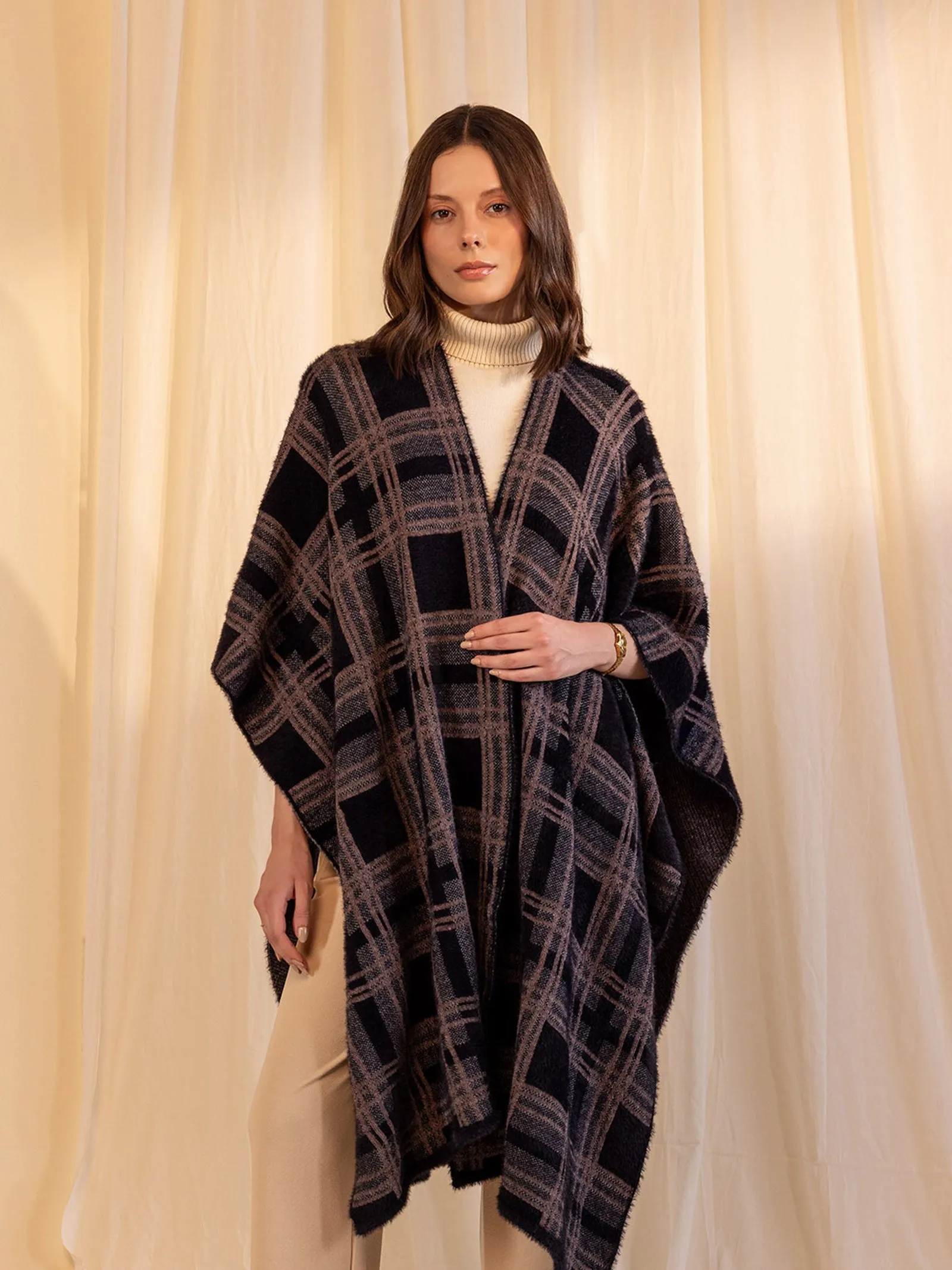 Woolen Reversible Check Cape Ebony