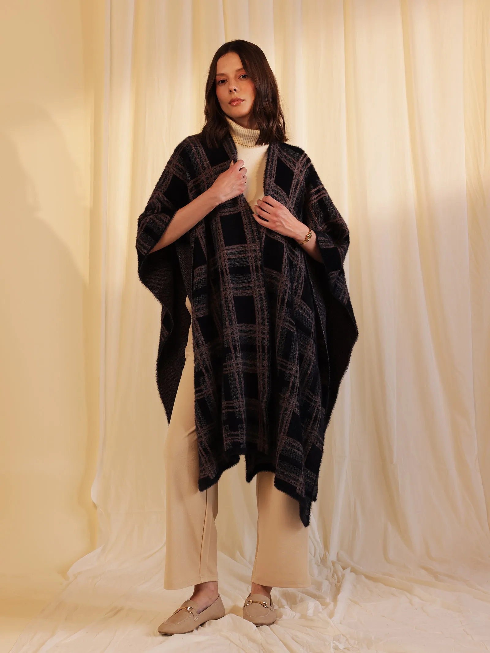 Woolen Reversible Check Cape Ebony