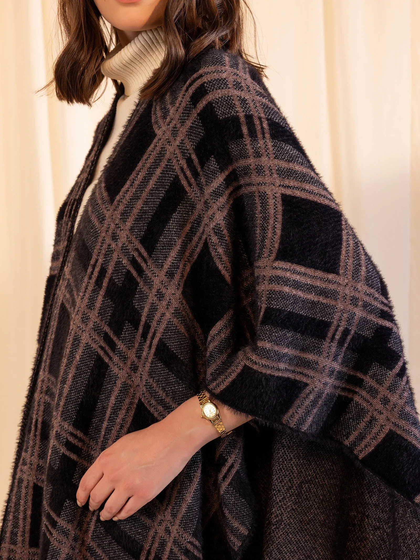 Woolen Reversible Check Cape Ebony