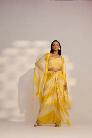 Yellow Ombre-Dyed Premium Silk Cape Skirt Set